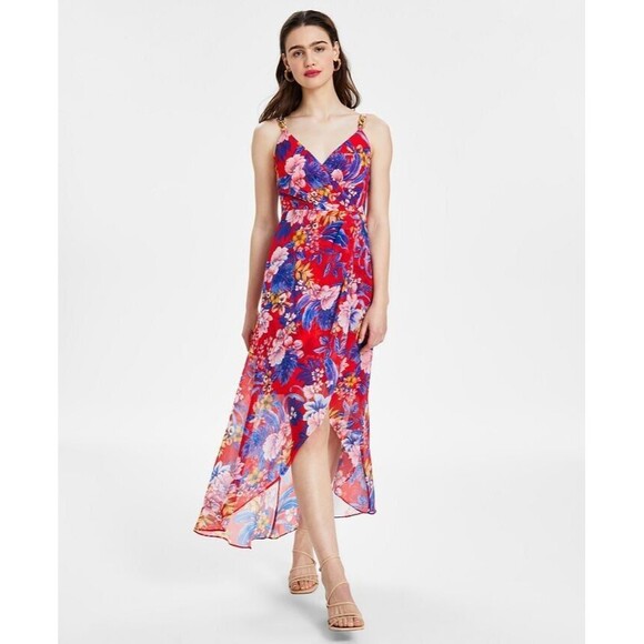 Siena Women's Floral Print Sleeveless High-Low Maxi Dress Red Multicolor 12 - Picture 1 of 8